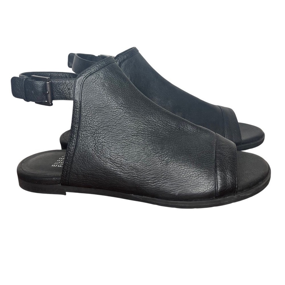 Eileen Fisher Sandals Black Leather Open Toe Buckle Ankle Strap Flat‎ Shoes 7.5